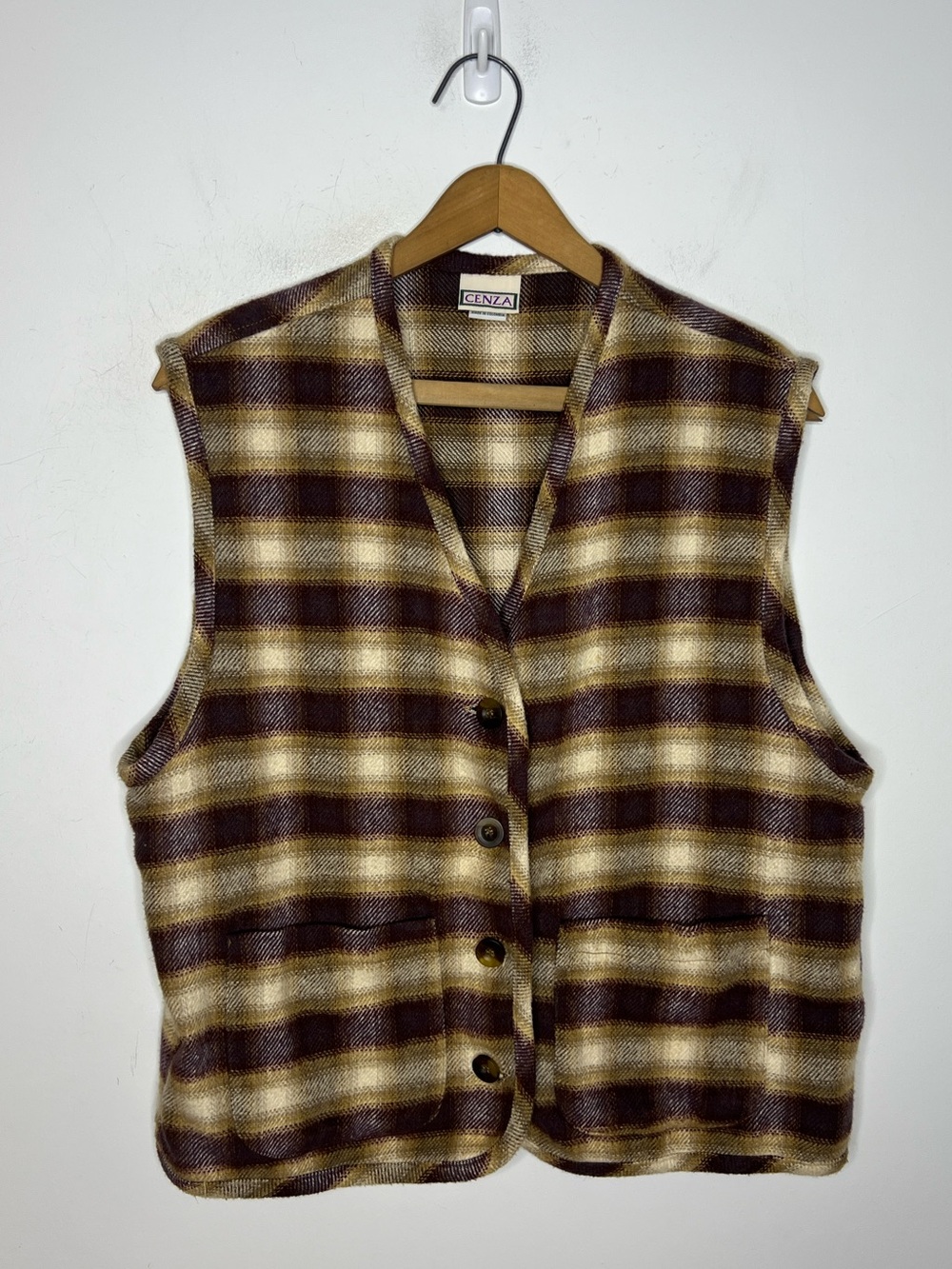 Vintage 90s Cenza Plaid Wool Blend Button Front Vest Medium Academia